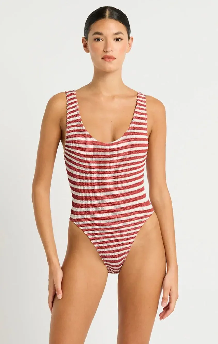Bond Eye Mara One Piece Swimsuit Red Rooibos Striped  Stretch O/S New